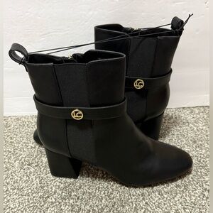 Liz Claiborne Womens 10M Black Heeled Boots with Gold Accents ‘Mister’ NWT